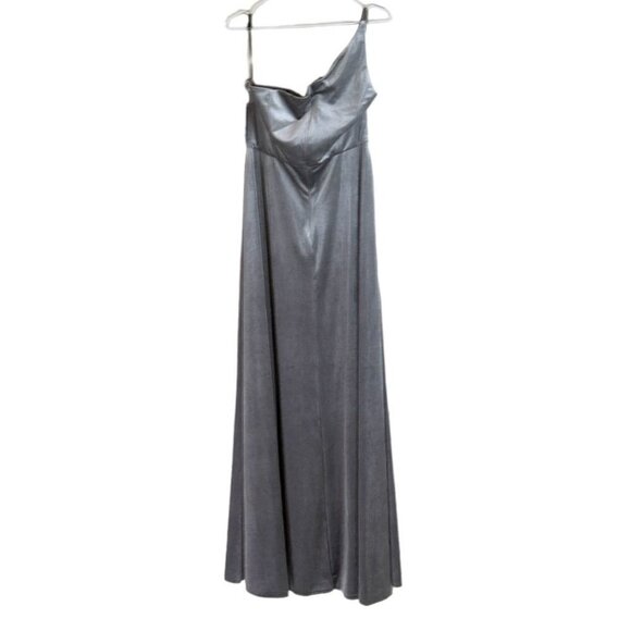 After Six One Shoulder Caviar Gray Velvet Gown Maxi Dress Size 12R NWT - Picture 3 of 6
